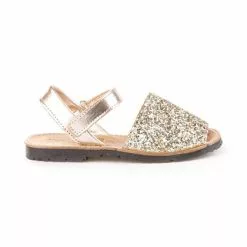 Girls Leather And Glitter Menorcan Sandals Velcro 203 Platinum, By AngelitoS