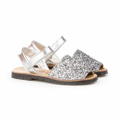 Girls Leather And Glitter Menorcan Sandals Velcro 203 Silver, By AngelitoS 2 Girls Leather And Glitter Menorcan Sandals Velcro 203 Silver, By AngelitoS - Image 2