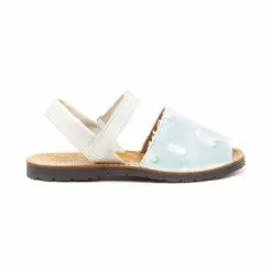 Girls Nappa Leather And Denim Menorcan Sandals Velcro 212 Beige, By AngelitoS