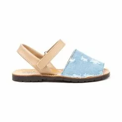 Girls Nappa Leather And Denim Menorcan Sandals Velcro 212 Camel, By AngelitoS