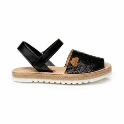 Girls Nappa Leather And Sequins Menorcan Sandals Padded Insole Velcro 224 Black, By AngelitoS