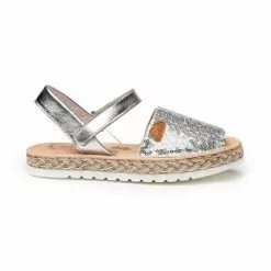 Girls Nappa Leather And Sequins Menorcan Sandals Padded Insole Velcro 224 Silver, By AngelitoS