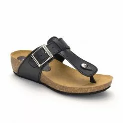 Woman Leather Wedged Bio Sandals Cork Sole 414 Black, By Morxiva Shoes
