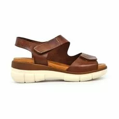 Woman Leather Wedged Sandals Velcro Padded Insole 54326 Brown, By Blusandal
