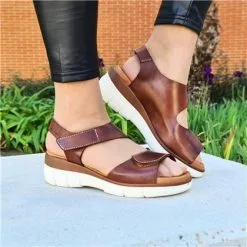 Woman Leather Wedged Sandals Velcro Padded Insole 54326 Brown, By Blusandal -Sandals Sales Store woman leather wedged sandals velcro padded insole 54326 brown by blusandal 3