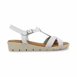 Womens Engraved Leather Low Wedged Sandals Padded Insole Buckle 22100 White, By Blusandal