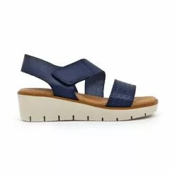 Womens Engraved Leather Low Wedged Sandals Padded Insole Velcro 22275 Navy, By Blusandal