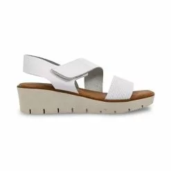 Womens Engraved Leather Low Wedged Sandals Padded Insole Velcro 22275 White, By Blusandal