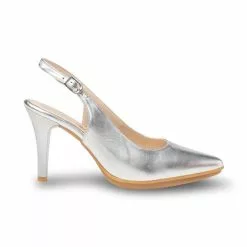 Womens Metallic Leather High Heeled Slingback Pumps 1495 Silver, By Eva Mañas